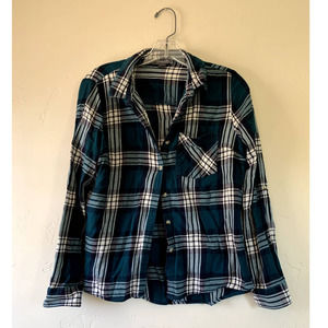 Primark green blue and white plaid thin flannel button up size 8/ medium